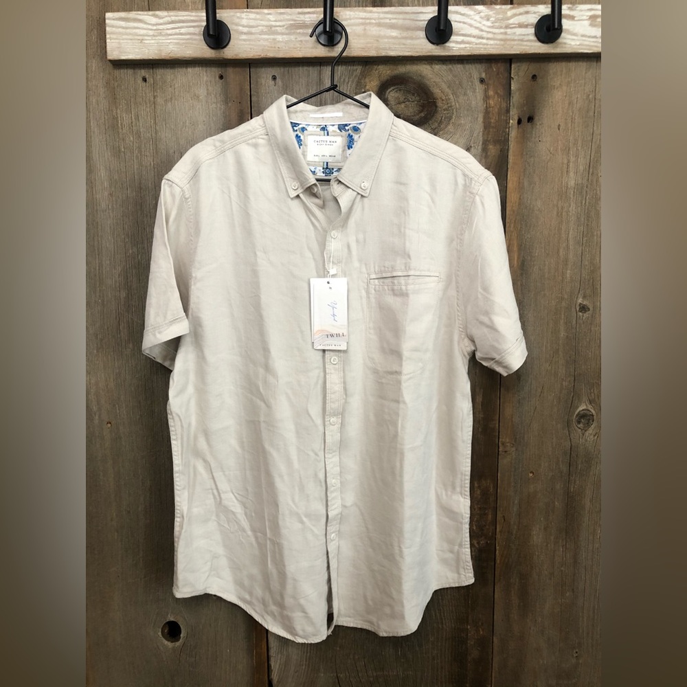 Cactus Man Ricky Singh Yarn Dyed Twill Button Down Shirt in Stone Khaki Sz Large
